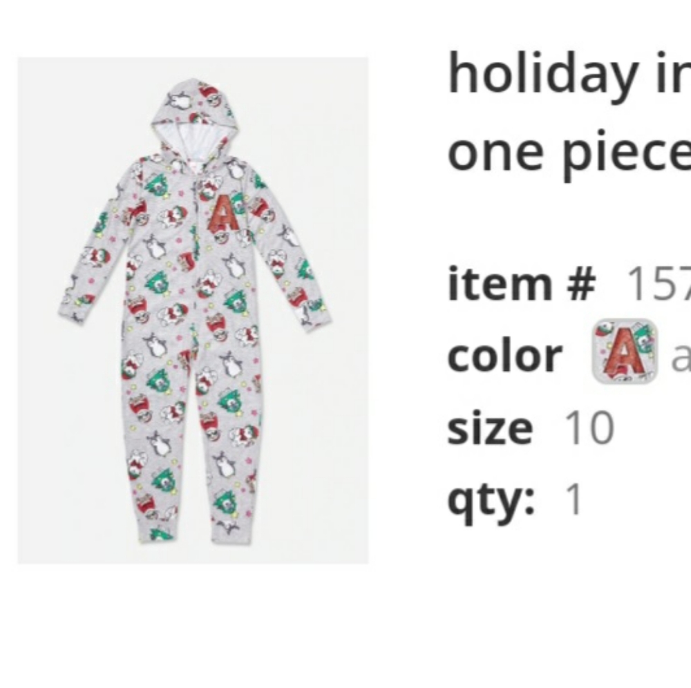 NWT- justice holiday christmas pajama letter "A"